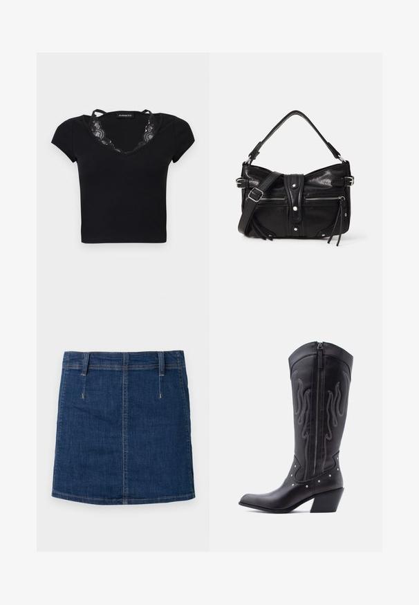 Čierny krátky rebrovaný crop top s výstrihom do V, čipkovaným lemom a tenkými ramienkami od značky Even&Odd.; Tmavomodrá riflová sukňa s priliehavým strihom, prednými vreckami a viditeľným štepovaním. Obsahuje rovný lem a pútka na opasok.; Čierne kožené kovbojské čižmy so špicatou špičkou, viditeľným prešívaním, striebornými ozdobnými nitmi a zipsom na vnútornej strane.; Even&Odd H24462 - Kabelka - black