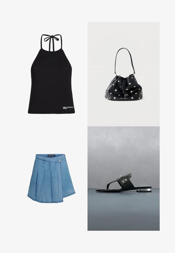 Čierny pletený halter top s rebrovanou textúrou, s uzatváraním na viazanie vzadu a bielym logom "KARL LAGERFELD JEANS" na leme.; Džínová sukňa v svetlomodrej farbe s plisovaným dizajnom, kovovým zapínaním na gombík a vyšitým detailom na spodnom okraji. Hladká textúra a A-línia.; Čierna kožená sandála so striebornými hrotmi a logom „Karl Lagerfeld“, umiestnená na drevených dlaždiciach a štrku vonku.; Čierna kožená kabelka s nariaseným vrchným okrajom, striebornými cvočkami, uzlovaným sťahovacím šnúrkou a jedným ramenným popruhom na bielom pozadí.