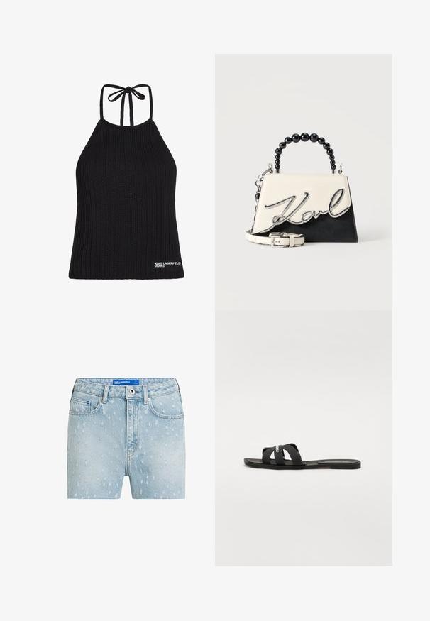 Mustast soonikust kaelusega topp, millel on sooniline tekstuur, paelaga kinnitusega ning valge "KARL LAGERFELD JEANS" logo ääres.; Hele sinine denim lühikesed püksid, millel on kulunud muster, viie tasku ja nööp kinnitamine. Brändi silt on nähtav vööosas.; Must must sandaal, millel on lame talla ja kaks laia, risti minevat rihma. Valmistatud siledast materjalist, minimalistliku disainiga ning ilma nähtavate mustriteta.; Väike musta-valge käekott musta helmestega sangaga, eemaldatava rihmaga ja esiklapil hõbedane "Karl" kirjaga kaunistus.
