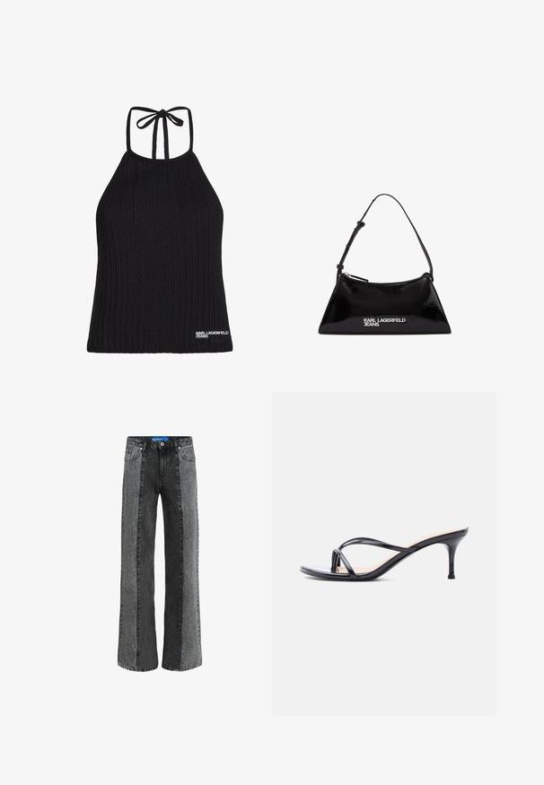 Top de punto negro tipo halter con textura acanalada, con cierre de lazo en la espalda y logo blanco "KARL LAGERFELD JEANS" en el dobladillo.; Jeans de pierna ancha en denim negro y gris. Presentan una cintura alta con cierre de botón, cinco bolsillos y paneles verticales en contraste.; Sandalia de tacón de charol negro con tiras finas cruzadas y un tacón de aguja delgado de altura media, sobre un fondo blanco.; Bolso de mano de charol negro con forma triangular, con cremallera superior y correa ajustable. Logo "KARL LAGERFELD JEANS" en plateado.