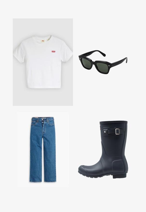 Witte T-shirt met korte mouwen en ronde hals met klein rood Levi's-logo op de linkerborst.; Blauwe denim jeans met rechte pijpen en hoge taille, vijf zakken en een knoopsluiting. Merkbare stiksels en koperen klinknagels.; Zwarte rubberen regenlaars met een ronde neus, textuurzool en verstelbaar riempje. Gladde oppervlakte met een matte afwerking.; Zwarte vierkante zonnebril met donker groene lenzen, uitgerust met gedurfde monturen en zilveren accenten aan de zijkanten. Gemaakt in Italië.