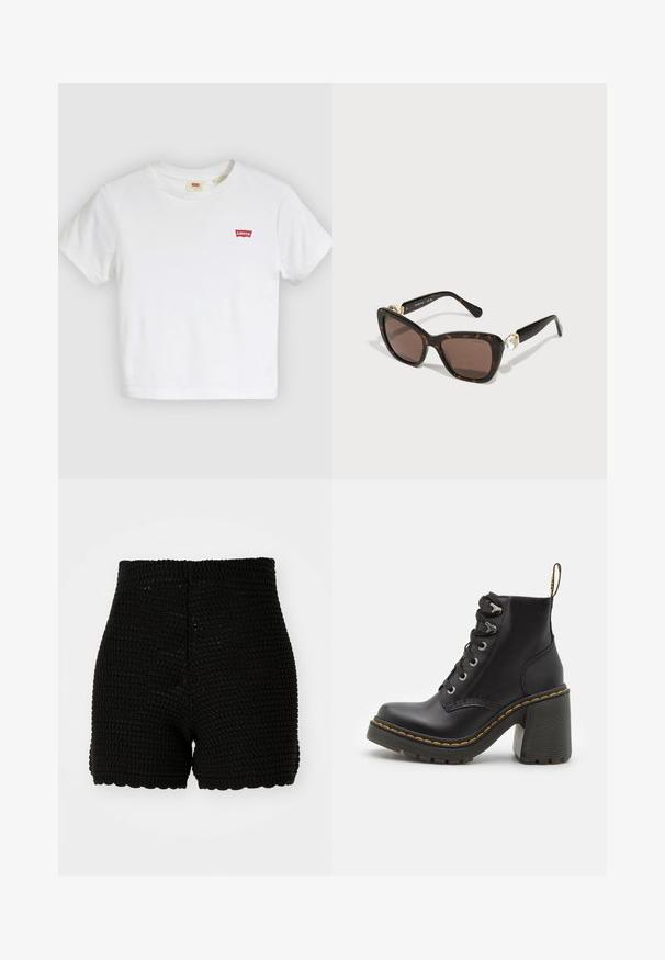 Hvid T-shirt med korte ærmer og rund halsudskæring med lille rødt Levi's-logo på venstre bryst.; Sorte hæklede shorts med ribbet tekstur, høj talje og bølget kant. Designet til en tætsiddende silhuet og åndbart materiale.; Sorte læder ankelstøvler med en kraftig høj hæl, snørebånd foran, metaløjer og gule sting langs sålen. Tekstureret gummisål.; Brune skildpadde-solbriller med rektangulær form, brune tonede linser og guldfarvede detaljer med en krystal på stængerne.