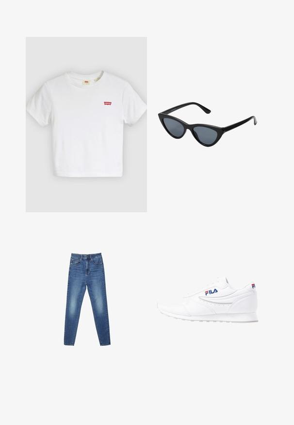 Biele tričko s krátkymi rukávmi a okrúhlym výstrihom s malým červeným logom Levi's na ľavej strane hrude.; Modré vysoko pásové úzke rifle z denimu s prednými a zadnými vreckami, zapínaním na gombík a jemným vyblednutím na stehnách a kolenách.; Biele tenisky FILA so šnurovacím dizajnom, nízkym profilom podrážky a označeným logom v modrej a červenej farbe na boku a päte.; Čierne slnečné okuliare v štýle mačacích očí s tmavošedými sklami, elegantným plastovým rámom, špicatými rohmi a rovnými stranami. Bez viditeľného hardvéru alebo akcentov.