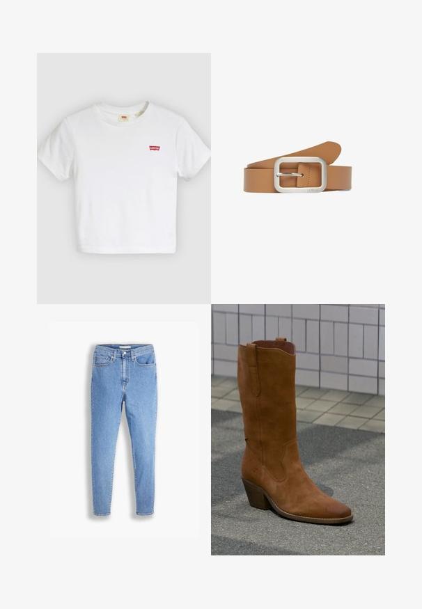 Witte T-shirt met korte mouwen en ronde hals met klein rood Levi's-logo op de linkerborst.; Lichtblauwe hoge taille slim-fit jeans met voor- en achterzakken, knoopsluiting en riemlussen op een witte achtergrond.; Enkele bruine suède cowboylaars met een gestapelde hak op grijze bestrating naast een beige betegelde muur.; Lichtbruine leren riem met een rechthoekige zilverkleurige metalen gesp en s.Oliver logo rechtsonder op de gesp.
