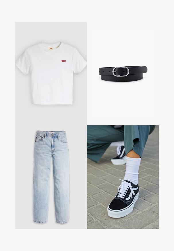 Camiseta blanca de manga corta con cuello redondo y pequeño logo rojo de Levi's en el pecho izquierdo.; Jeans de mezclilla azul claro con cintura alta, corte relajado, piernas rectas y un diseño clásico de cinco bolsillos. Desgastado visible y detalles de costuras.; Zapatillas de ante negro con acentos y cordones blancos, que cuentan con una gruesa suela blanca y costuras en contraste, combinadas con un calcetín blanco.; Cinturón de cuero negro con una textura suave, hebilla ovalada de metal plateado y múltiples agujeros de ajuste a lo largo de la correa. Diseño plano y minimalista.
