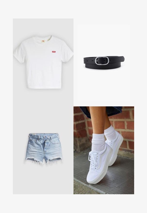 Weißes T-Shirt mit kurzen Ärmeln und Rundhalsausschnitt mit kleinem rotem Levi's-Logo auf der linken Brust.; Hellblaue Jeans-Cut-off-Shorts mit ausgefransten Säumen, fünf Taschen und einem Knopfverschluss. Die Textur ist weich mit einem leicht abgenutzten Aussehen.; Weiße Leinensneaker mit Gummisohlen, ausgestattet mit sechs Ösen, runder Zehenpartie und dezenten Nähten, kombiniert mit weißen Knöchelsocken.; Schwarzer Leder Gürtel mit glatter Textur, ovaler silberner Metallschnalle und mehreren Einstelllöchern entlang des Riemens. Flaches, minimalistisches Design.
