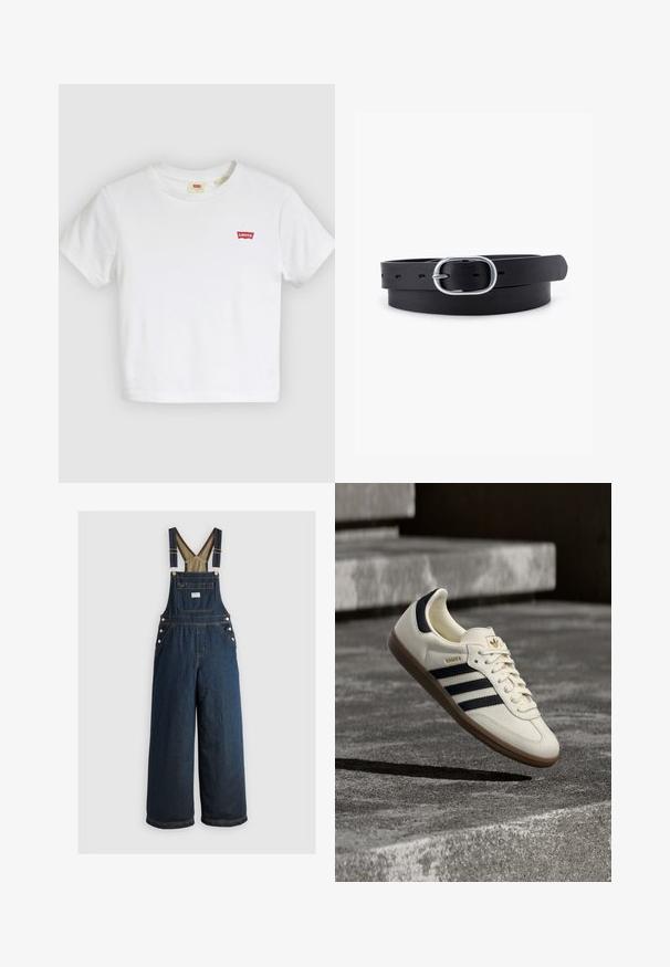Hvid T-shirt med korte ærmer og rund halsudskæring med lille rødt Levi's-logo på venstre bryst.; Mørkeblå denimoveraller med brede ben, justerbare stropper og knapdetaljer. Har en frontlomme og en solid, glat tekstur.; Hvid Adidas Samba sneaker med sorte striber og gummsål, svævende over teksturerede grå betonstrin.; Sort læderbælte med en glat overflade, oval sølvmetalspænde og flere justeringshuller langs stroppen. Flad, minimalistisk design.
