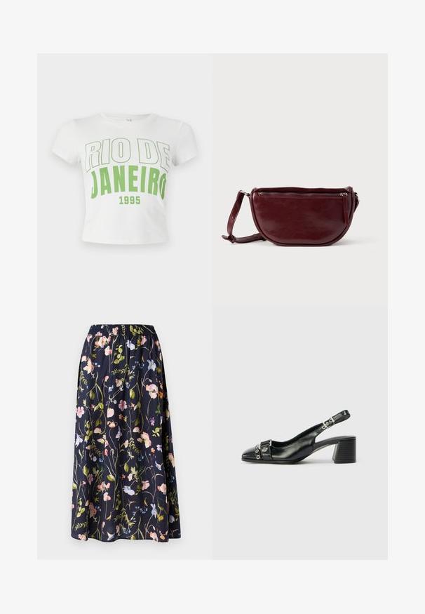 Weißes Baumwoll-Crop-T-Shirt mit grüner Schrift "RIO DE JANEIRO 1995" in fetter Schriftart, kurzen Ärmeln und rundem Ausschnitt.; Marineblauer Blumenkleid mit elastischem Taillenbund, ausgestattet mit einem Druck aus rosa, blauen und grünen Blumen auf einem strukturierten Stoff.; Schwarze Leder-Slingback-Pumps mit spitzem Vorderteil, strukturiertem Riemen mit runden metallischen Akzenten und gestapeltem Blockabsatz.; Dunkelroter Lederhandtasche in halbmondförmiger Form mit Reißverschluss und abnehmbarem Tragegurt. Glatte Textur mit dezentem Glanz.