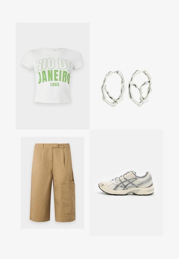 Weißes Baumwoll-Crop-T-Shirt mit grüner Schrift "RIO DE JANEIRO 1995" in fetter Schriftart, kurzen Ärmeln und rundem Ausschnitt.; Beige cargoshorts knielang mit seitlicher Pattentasche, Gürtelschlaufen und vorderen Abnähern, aus robustem Stoff.; Laufschuhe mit einem atmungsaktiven weißen Mesh-Obermaterial, silbernen Akzenten, grauen Schnürsenkeln und einer langlebigen schwarzen Gummisohle. Leichtes, gepolstertes Design.; Silberne Creolen mit einer organischen, wellenförmigen Form. Die glatte, polierte Oberfläche und das offene Design verleihen ein leichtes Aussehen.