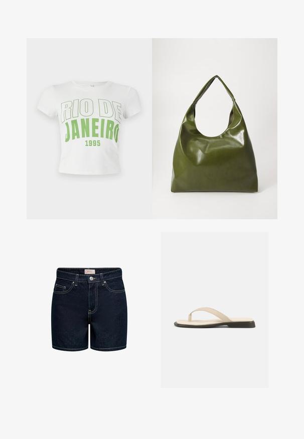 Hvid bomulds crop t-shirt med grøn tekst, der står "RIO DE JANEIRO 1995", med fed skrift, korte ærmer og en rund halsudskæring.; Mørkeblå denimshorts med en tætsiddende pasform, fem lommer, gyldne syninger og lukning med knap foran. Materialet har en glat tekstur.; Beige flad thongsandal med polstret fodseng og sort sål, vist fra siden på hvid baggrund.; Grøn læder hobo taske med en slouchy design, buet håndtag og glat tekstur. Indeholder ingen synlig hardware eller accenter.