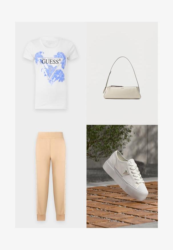 Camiseta blanca de manga corta con un diseño floral azul y un logotipo triangular negro de Guess en la parte delantera. Fabricada con una mezcla de algodón.; Pantalones de chándal beige con una textura suave, que presentan un diseño tapered, cintura elástica y paneles laterales estampados.; Zapatilla de lona blanca con suela gruesa y logotipo metálico triangular, mostrada flotando sobre suelo de tablones de madera y grava pequeña.; Pequeño bolso de hombro de cuero beige con una correa fina y cierre de cremallera, con un logo metálico discreto en el centro del frente.