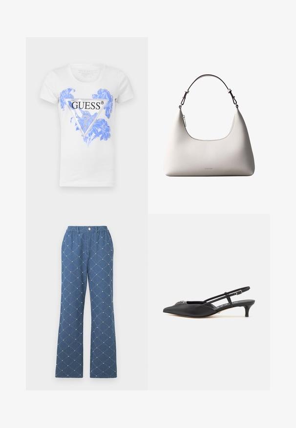 Witte t-shirt met korte mouwen met een blauw bloemmotief en een zwart driehoekig Guess-logo aan de voorkant. Gemaakt van een katoenmix.; Blauwe broek met een patroon in een diamanten quiltontwerp, voorzien van kleine decoratieve kralen, een elastische tailleband en een knoopsluiting.; Zwarte slingback schoenen met een puntige neus, gemaakt van glad materiaal, met een kleine hak en een decoratieve zilverkleurige accent op de wreef.; Romige Calvin Klein leren schoudertas met gebogen bovenrand, zilveren rits en donkerbruine verstelbare riem.