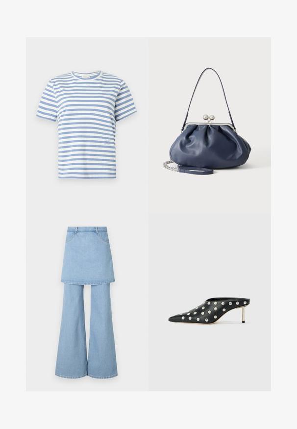 T-shirt met korte mouwen met horizontale witte en lichtblauwe strepen, ronde hals en een kleine geborduurde tekst vlakbij de zoom aan de rechterkant.; Denim rok-broek hybride, met lichtblauwe stof, uitlopende pijpen en zichtbare stikdetails. Ontworpen met voorzakken en een tailleband.; STAND STUDIO KELSEY - Muiltjes met hak - black; Zachte navyblauwe leren handtas met zilveren sluiting, enkele schouderband en afneembare ketting polsband op witte achtergrond.
