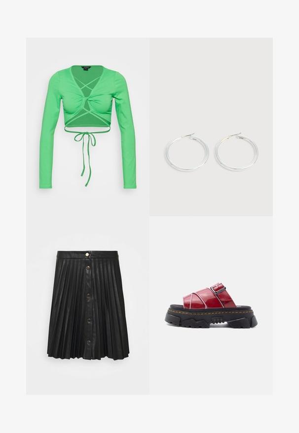 Monki Pikkade varrukatega topp - green; VILA VIAMINA SHORT BUTTON COATED SKIRT - Voltidega seelik - black; Punane läikiv nahast avatud varbaga sandaal paksu musta tugevapõhjaga ja reguleeritava pandlaga rihmaga valgel taustal.; Paari läikiva hõbedase rõngaskujulise kõrvarõngastega, millel on õhukesed traatlukkud, kuvatud heleda halli taustal.