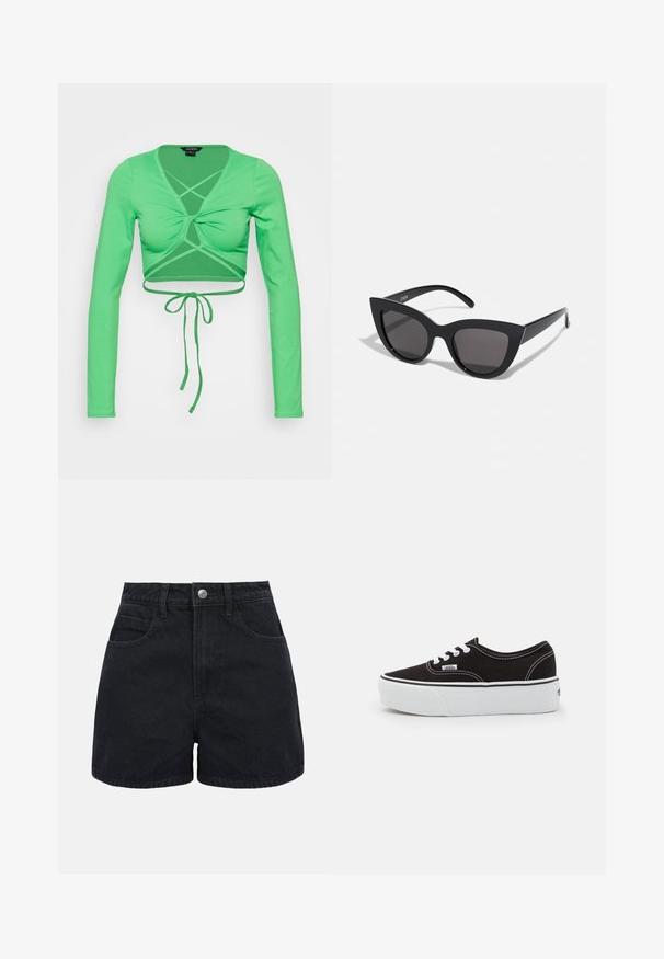 Monki Longsleeve - green; Zwarte denim shorts met hoge taille, voorste knoopsluiting, riemlussen en twee voorzakken tegen een effen witte achtergrond.; Zwarte canvas sneaker met een witte rubberen platformzool, voorzien van witte veters en stiksels, iconische branding op de zijkant, low-top ontwerp.; Zwarte cat-eye zonnebril met een matte afwerking, voorzien van grijs getinte glazen, scherpe hoeken en slanke zijarmen. Merkennaam zichtbaar op de binnenarm.