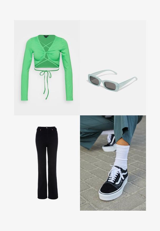Monki Langarmshirt - green; Schwarze, hoch taillierte Hose mit geradem Bein, Knopf- und Reißverschluss, Gürtelschlaufen und Vordertaschen.; Schwarze Wildledersneaker mit weißen Akzenten und Schnürsenkeln, ausgestattet mit einer dicken weißen Sohle und kontrastierenden Nähten, kombiniert mit einer weißen Socke.; Ein Paar rechteckige Sonnenbrillen mit lichtblauen, halbtransparenten Rahmen und dunkelgrauen Gläsern, ausgestattet mit geraden Bügeln und minimalen Hardware-Details.