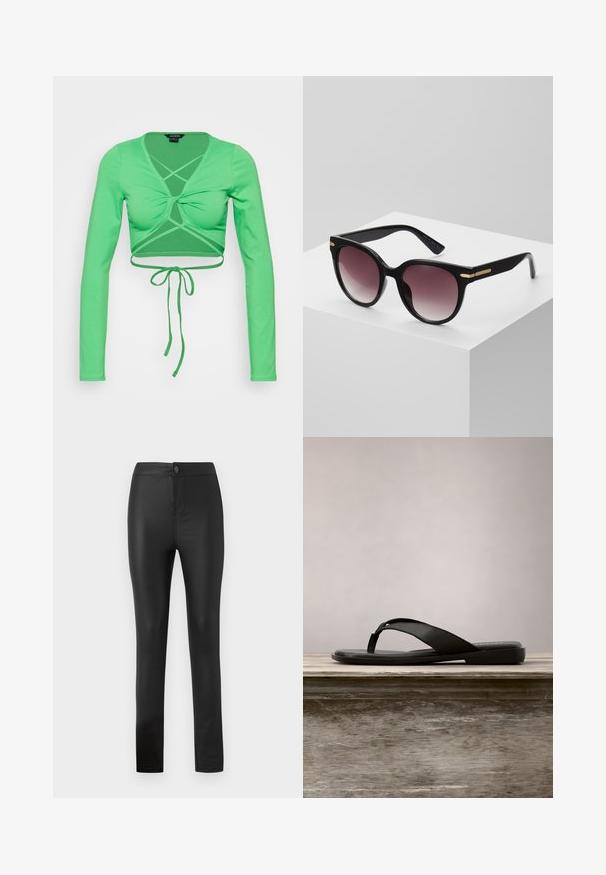 Monki Pikkade varrukatega topp - green; Mustad mustad leggings, mis on valmistatud elastsemast ja siledast materjalist ning millel on napilt istuv disain, esipaneelil nööp ja tõmblukk, ning sirged sääred.; Mustad lamedapõhjalise tallaga ja õhukeste rihmadega flip-flop. Valmistatud siledast kummist, minimalistliku disainiga. Lihtne kaubamärk jalatalla peal.; Mustad prillid läikiva viimistlusega, ümarad ülekaalukad läätsed, mis üleminevad tumedatest heledamatesse toonidesse, ja kuldse tooni aksessuaarid käepidemetel.