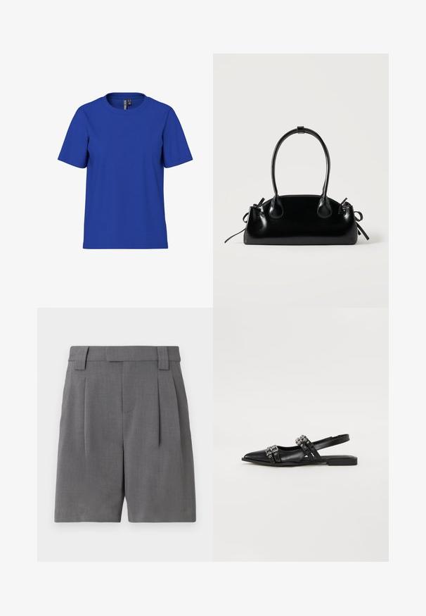 Ensfarvet kongeblå t-shirt med korte ærmer og rund halsudskæring, afslappet pasform med synlige tøjmærker inde i halsudskæringen.; Grå skræddersyede shorts lavet af et fint tekstureret stof. Har frontfolder, bæltestropper og sidelommer for et struktureret udseende.; Even&Odd by Zalando Slingback-ballerinasko - black; Lille sort blank håndtaske med to lange håndtag og snøre-detaljer i siden på en ensfarvet lys baggrund.