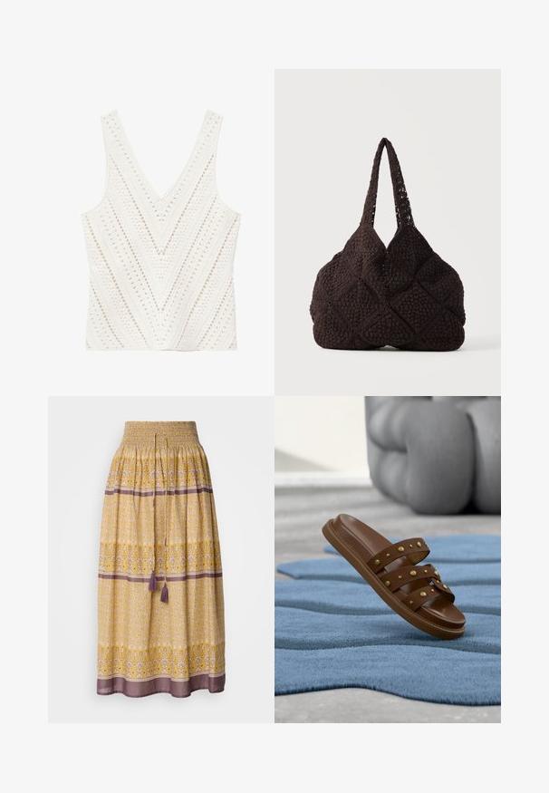 Witte mouwloze gehaakte tanktop met V-hals en diagonaal gestreept open gebreid patroon.; Geel maxi-jurk met smocktail, bloem- en geometrische patronen in wit en paars, voorzien van twee paarse franjes bij de taille.; Bruine slippers met drie gespunte banden, rustend op een gestructureerd blauw vloerkleed met een grijs sculpturaal object op de achtergrond.; Zwarte gehaakte tote tas met getextureerde vierkante patronen en twee schouderriemen, staand tegen een effen achtergrond.