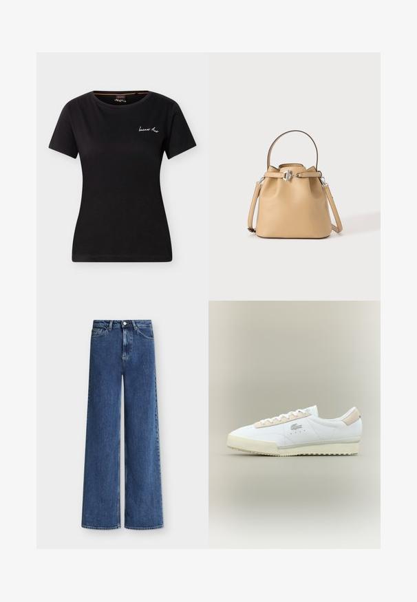 Schwarzes eng anliegendes T-Shirt mit kurzen Ärmeln, rundem Halsausschnitt und kleinem weißen, kursiven Text auf der linken oberen Brust.; Hoch taillierte blaue Jeans mit weitem Bein, vorne Knopf- und Reißverschluss sowie Vorder- und Gesäßtaschen.; Weiße Ledersneaker mit beigem Wildlederakzent. Verfügt über eine abgerundete Zehenpartie, flache Schnürsenkel und eine strukturierte Sohle. Lacoste-Logo an der Seite.; Beige Leder-Bucket-Bag mit oberem Griff, verstellbarem Schulterriemen und silberfarbenem Verschluss auf einfarbigem Hintergrund.