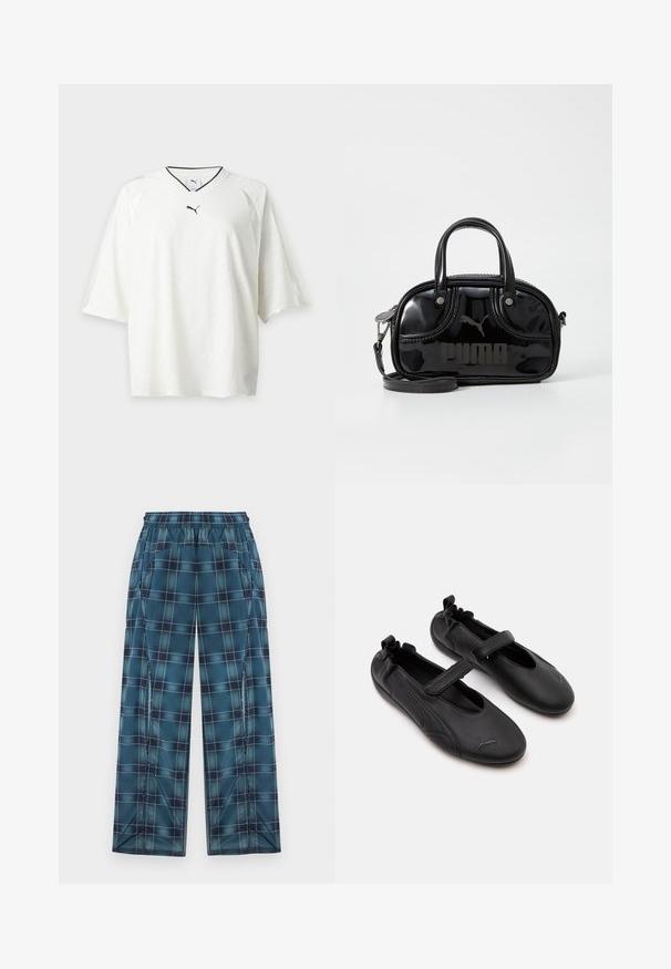 Maillot de sport blanc Puma à manches courtes avec logo noir centré sous le col en V bordé de noir.; Pantalon large à carreaux bleus et noirs avec taille élastique et poches latérales, présenté à plat sur un fond clair.; Paire de chaussures en cuir noir style Mary Jane avec arrière élastiqué et bride velcro, avec un logo Puma discret sur chaque orteil.; Sac à main en cuir verni noir avec des poignées supérieures doubles, une bandoulière amovible, une forme arrondie et un logo "PUMA" en relief bien visible.