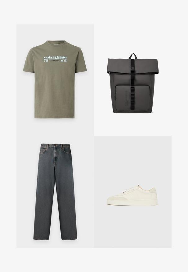 T-shirt vert olive à manches courtes avec l'inscription « calvin klein established 1968 » imprimée en bleu clair et noir sur la poitrine.; Jean en denim gris foncé avec une coupe droite, cinq poches et une fermeture à bouton et zip. Le tissu présente un léger dégradé et des coutures.; Baskets en daim blanc à finition lisse, embout rond, design lacé plat, avec des accents texturés contrastants. Comprend un détail de logo subtil.; Sac à dos à rabat en matériau gris mat, avec une poche zippée à l'avant, une sangle noire réglable et un détail de logo embossé sur la poche.