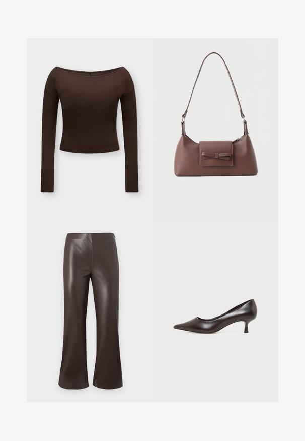Top court ajusté marron à manches longues avec un large col bateau et un tissu uni et lisse.; Pantalons évasés en simili cuir marron avec une taille haute et une texture lisse, présentant un design épuré et soigné avec de larges ouvertures de jambe.; Escarpin en cuir marron foncé à bout pointu avec petit talon incurvé sur fond blanc.; Sac à bandoulière en cuir marron avec une poche à rabat avant ornée d'un détail en forme de nœud cousu et une sangle réglable.