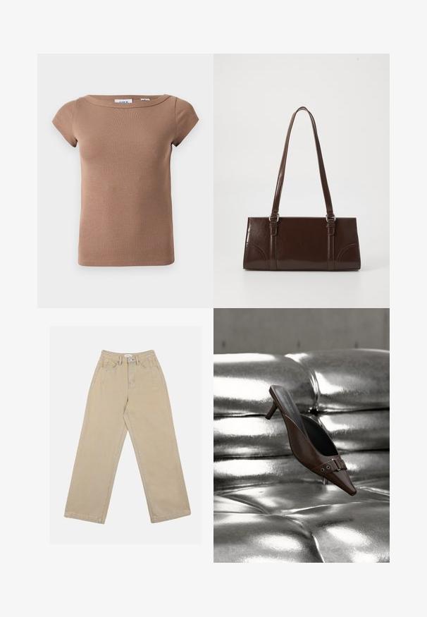 Brun, ribbet kortærmet top med bådudskæring. Blødt, strækbart stof med en tætsiddende silhuet og minimalistisk design. Ingen synlige logoer.; Beige vidde benbukser lavet af denim, med høj talje, frontlommer og kontrast søm. Designet inkluderer en knaplukning.; Brun spids tå hæl mule med spænde detalje svævende over en skinnende sølv tuftet læderoverflade.; Brun lakeret håndtaske med rektangulær form, to lange håndtag og subtile buede detaljer på fronten.