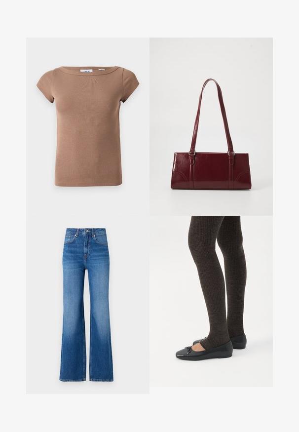 Brun, ribbet kortærmet top med bådudskæring. Blødt, strækbart stof med en tætsiddende silhuet og minimalistisk design. Ingen synlige logoer.; Bredde ben blå denim jeans med høj talje, der har lynlås, knaplukning og diskrete falmninger langs benene.; Ben iført mørke ribbede leggings kombineret med sorte balletsko med små sløjfedetaljer på hvid baggrund.; Bordeaux håndtaske lavet af glansfuldt materiale, rektangulær form, med to skulderremme og subtile buede detaljer på forsiden.