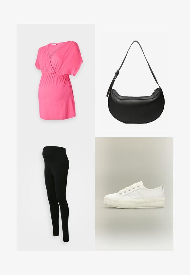 Top de maternidad rosa hecho de una tela suave, con un diseño de escote en V cruzado, mangas cortas y una cintura elástica para mayor comodidad.; Leggings de maternidad negros con una cinturilla alta y de soporte, textura suave, diseño ajustado y sin patrones ni adornos visibles.; Zapatilla deportiva blanca de caña baja con suela gruesa acanalada, cordones delanteros y tira para tirar en el talón sobre un fondo neutro.; Bolso de cuero negro con forma de media luna, con una larga correa ajustable y cierre superior con cremallera.