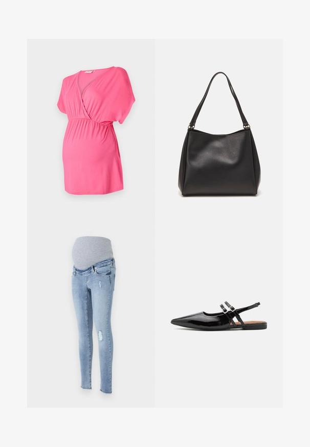 Roze zwangerschapsblouse gemaakt van zachte stof, met een kruislings V-halsontwerp, korte mouwen en een elastische taille voor comfort.; Materniteit skinny jeans in lichtblauwe denim met een zachte grijze elastische tailleband, versleten accenten en een taps toelopende pasvorm.; Zwarte gepatineerde leren slingback schoenen hebben een spitse neus, twee banden met gespsieraden en een platte zool.; Zwarte synthetische leren handtas met een zachte textuur, hobo-vorm en dubbele schouderbanden; heeft een glanzende afwerking en een minimalistisch ontwerp.
