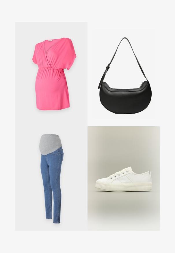Roze zwangerschapsblouse gemaakt van zachte stof, met een kruislings V-halsontwerp, korte mouwen en een elastische taille voor comfort.; Zwangerschapsjeans met een fitted ontwerp, blauwe denimstof en een zachte grijze jersey tailleband voor comfort. Inclusief achterzakken en een slim fit.; Witte lage sneaker met dikke geribde zool, veters aan de voorkant en trek-lus aan de hiel tegen een neutrale achtergrond.; Zwarte, halvemaanvormige leren schoudertas met een lange verstelbare riem en een bovenste ritssluiting.