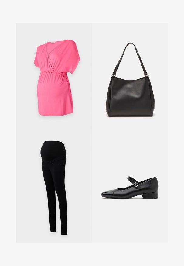 Top de maternité rose en tissu doux, avec un design croisé en V, des manches courtes et une taille élastiquée pour le confort.; Jeans de maternité noirs avec une taille haute extensible et une coupe slim. Confectionnés en denim, ils comprennent des poches avant classiques.; Chaussures Mary Jane en cuir noir avec un embout en vernis, une sangle cheville réglable et un petit talon carré. Texture lisse et design élégant.; Sac à main en cuir synthétique noir avec une texture douce, forme hobo et doubles poignées; présente une finition brillante et un design minimaliste.