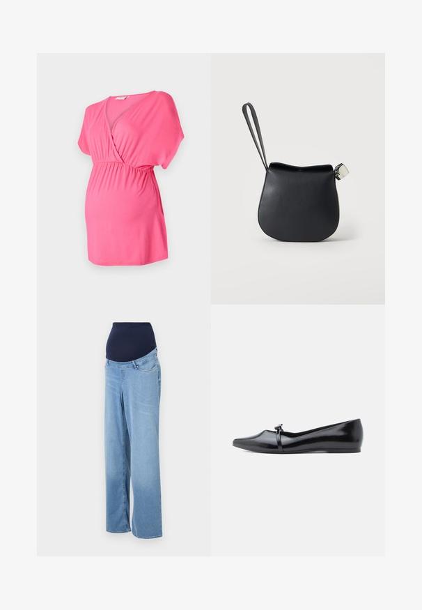 Top de maternidad rosa hecho de una tela suave, con un diseño de escote en V cruzado, mangas cortas y una cintura elástica para mayor comodidad.; Jeans de maternidad en denim azul claro. Con una cinturilla elástica en color azul marino y un diseño de pierna ancha. Tiene bolsillos frontales estándar y una tela ligeramente desgastada.; Bailarina de charol negro con punta afilada, correa decorativa y textura lisa. Diseño minimalista sin adornos visibles.; Bolso de muñeca de cuero negro con base redondeada y cierre plateado sobre un fondo blanco liso.