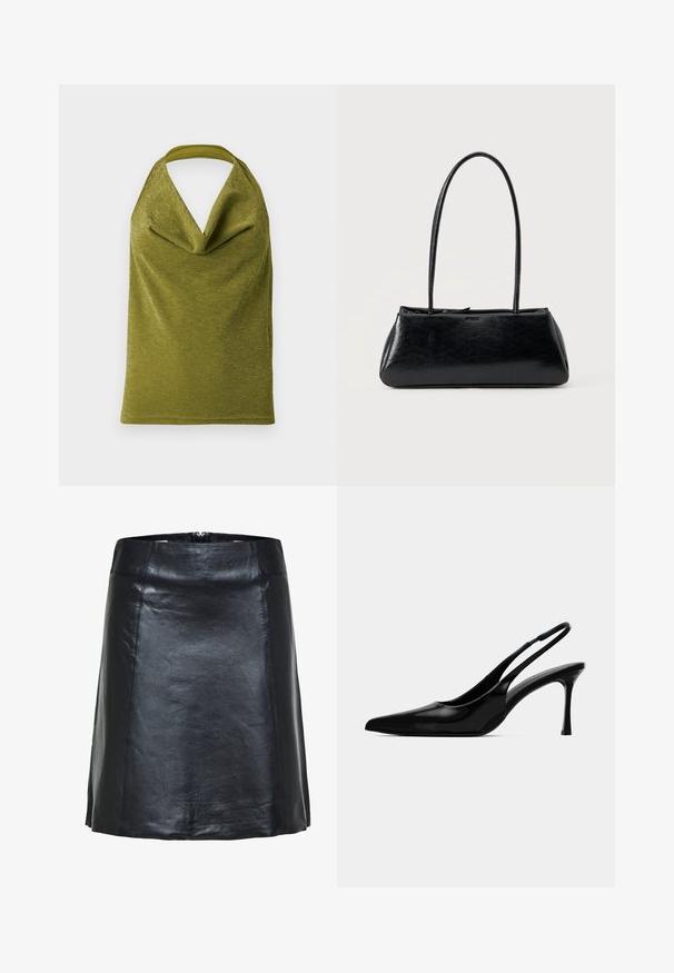 Top sin mangas verde oliva con cuello halter drapeado y sutil brillo metálico, mostrado sobre un fondo blanco.; Falda negra de cuero en línea A con costuras visibles y un ligero brillo, con cintura alta y bajo corto.; Tacón slingback de charol negro con punta afilada, diseño elegante y tacón stiletto estrecho. Textura suave, adornos minimalistas.; Bolso de hombro rectangular negro con correas largas y delgadas y una textura lisa y brillante sobre un fondo liso.