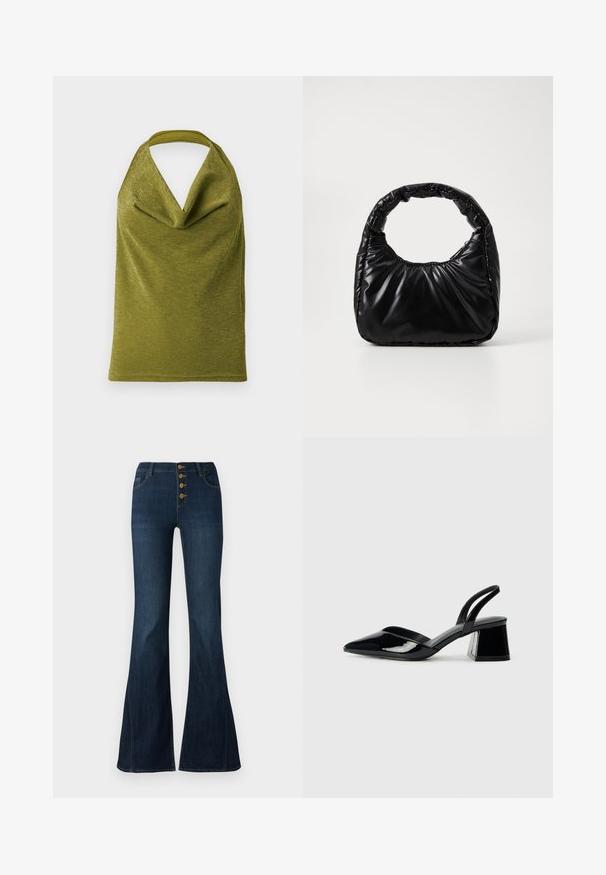 Top sin mangas verde oliva con cuello halter drapeado y sutil brillo metálico, mostrado sobre un fondo blanco.; Jeans de talle alto en azul oscuro con perneras acampanadas y cuatro botones marrones visibles en la parte delantera, sobre un fondo blanco.; Zapatos de tacón slingback de charol negro con punta afilada y tacón geométrico en bloque. Presentan un diseño elegante y minimalista, así como una textura suave.; Bolso negro acolchado con un asa redondeada, que presenta una superficie lisa y brillante y una textura suave y acolchada. Sin herrajes ni acentos visibles.