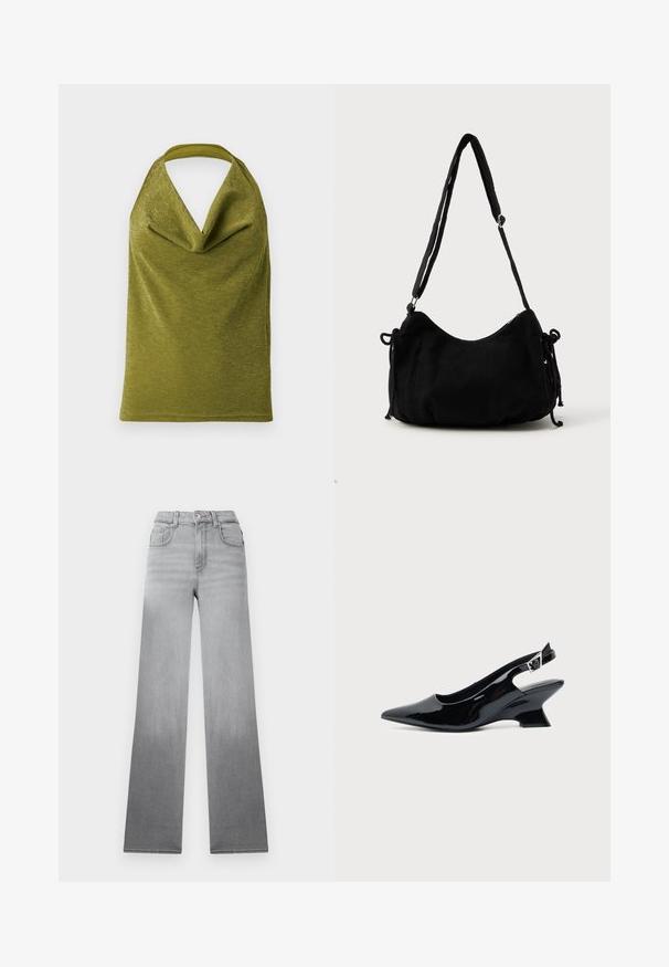 Top sin mangas verde oliva con cuello halter drapeado y sutil brillo metálico, mostrado sobre un fondo blanco.; Jeans grises con un efecto ombré descolorido, diseño de cintura alta, estilo clásico de cinco bolsillos y piernas rectas y anchas hechas de tela de mezclilla.; Zapato slingback de cuero charol negro con puntera puntiaguda y tacón bajo en bloque inclinado sobre fondo claro liso.; Bolso de hombro de pana negra con forma curva, correa ajustable y cierres de cordón en ambos lados para ajustar el tamaño.