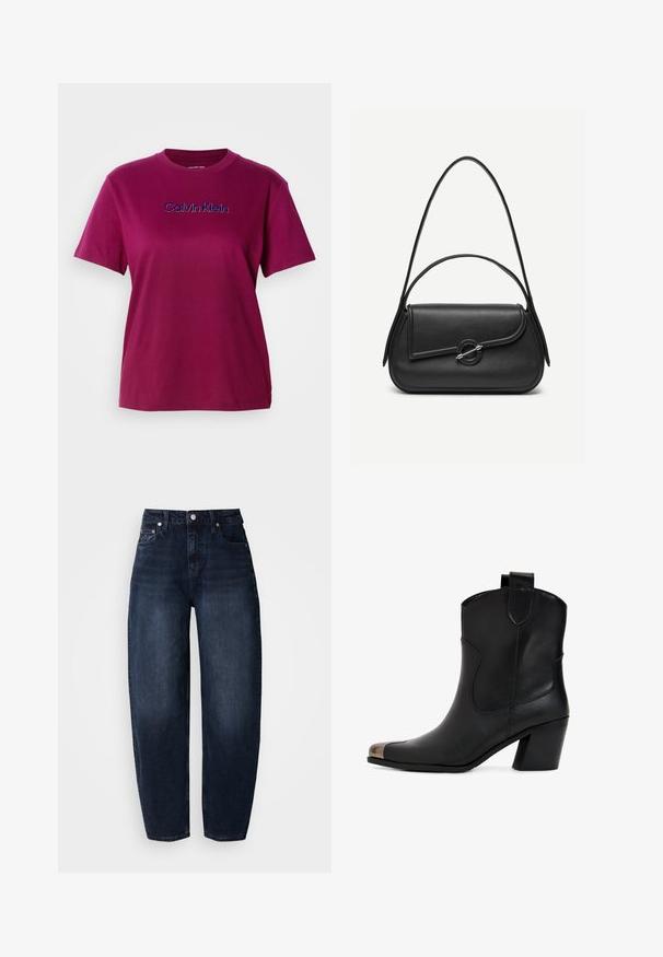 Magenta Baumwoll-T-Shirt mit kurzen Ärmeln und Rundhalsausschnitt, mit "Calvin Klein" in Blau auf der Brust gestickt.; Dunkelblaue Jeans aus Denim mit lockerem Schnitt, ausgestattet mit hoher Taille, geradem Bein und klassischem Fünf-Taschen-Design.; Schwarzer Leder-Stiefelette mit leichtem Absatz, spitz zulaufender Spitze und metallischer Kappe. Schlichte Nahtführung und Zuglasche an der Rückseite.; Schwarze Lederhandtasche mit abgerundeten Kanten, asymmetrischem Überschlag, metallfarbenem runden Verschluss und kurzen sowie langen Schulterriemen.