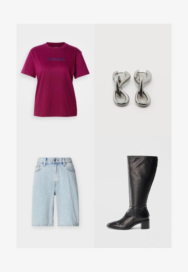 Magenta bomulds t-shirt med korte ærmer og rund halsudskæring, med "Calvin Klein" broderet i blå over brystet.; Lyseblå denimshorts med høj talje, knap- og lynlåslukning, bæltestropper og forlommer.; Sorte læderknæhøje støvler med firkantet tå, blokhæle og et stilrent design. Glat tekstur med en sideskift for nem påtagning.; Par af sølvtonede metale øreringe med abstrakt sammenflettet løbedesign på hvid baggrund.