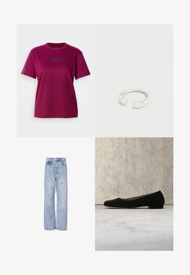 Magenta bomulds t-shirt med korte ærmer og rund halsudskæring, med "Calvin Klein" broderet i blå over brystet.; Lystblå denimjeans med afslappet pasform, prydet med sølvfarvet blomsterbroderi hele vejen rundt og standard fem-lomme design.; Sort ballerinasko svævende over beige tæppe med rundt brunt bord i baggrunden.; Sølv åben ring med to afrundede ender, indfattet med små klare krystaller på en ensartet lys baggrund.