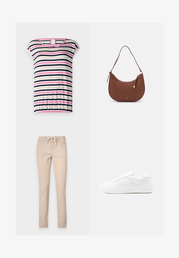 T-shirt rayé à manches courtes en beige, bleu marine, rose et blanc ; possède un col rond avec une ouverture en forme de keyhole dans le dos et un hem froncé.; Pantalons en coton rayés beige avec taille à cordon, jambes fuselées et deux poches avant. Texture lisse, design décontracté.; Baskets basses blanches avec semelle épaisse, design à lacets et détails de couture subtils sur un fond clair uni.; Sac à épaule en faux cuir brun, de forme arrondie, avec des coutures minimales et un accent en matériel doré. Il possède une fermeture zippée sur le dessus et une sangle réglable.