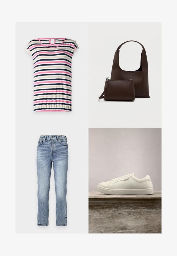 Camiseta de rayas de manga corta en beige, azul marino, rosa y blanco; cuenta con un escote redondeado con abertura en la parte posterior y dobladillo fruncido.; Jeans de mezclilla azul claro con ajuste recto, cintura alta, textura desgastada y cinco bolsillos. Presenta cierre de botón metálico y cremallera.; Zapatilla blanca de cuero con cordones flotando sobre un banco de madera, con hierba alta verde desenfocada al fondo en un entorno al aire libre.; Bolso de mano sintético marrón con un asa curvada y una textura suave. Incluye un neceser pequeño a juego con cremallera. Diseño minimalista.