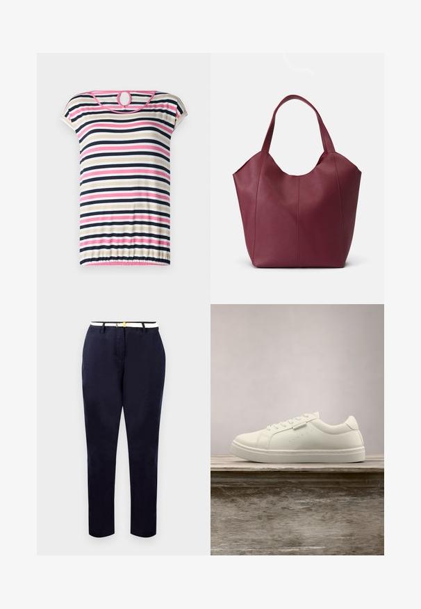 Gestreept T-shirt met korte mouwen in beige, marineblauw, roze en wit; heeft een ronde halslijn met een keyhole aan de achterkant en een geplooide zoom.; Marineblauwe chinos met een slim fit, van katoen, en een witte riem met een goudkleurige gesp. Gladde textuur, rechte pijpen, minimalistisch design.; Witte leren sneaker met veters die boven een houten bank zweeft, met groen lang gras dat op de achtergrond vervaagd is in de buitenlucht.; Bordeaux lederen tote bag met twee stevige handvatten, met een gladde textuur en een taps toelopend ontwerp met naaddetail op de voorkant.