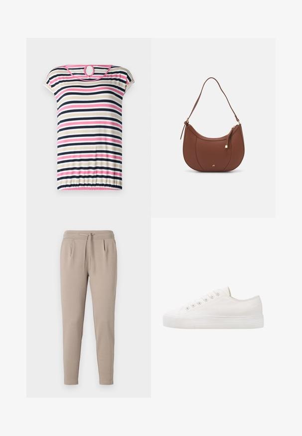 Camiseta de rayas de manga corta en beige, azul marino, rosa y blanco; cuenta con un escote redondeado con abertura en la parte posterior y dobladillo fruncido.; Pantalones jogger beige elaborados en tejido suave, con una cintura elástica y cordón, y bolsillos laterales. Diseño de pierna estrecha.; Zapatilla de lona blanca con punta redonda, seis ojales para los cordones, suela de goma texturizada y detalles de costura sutil a lo largo de los lados.; Bolso de hombro de imitación cuero marrón con forma curva, costura mínima y un acento de hardware en tono dorado. Presenta un cierre de cremallera en la parte superior y una correa ajustable.