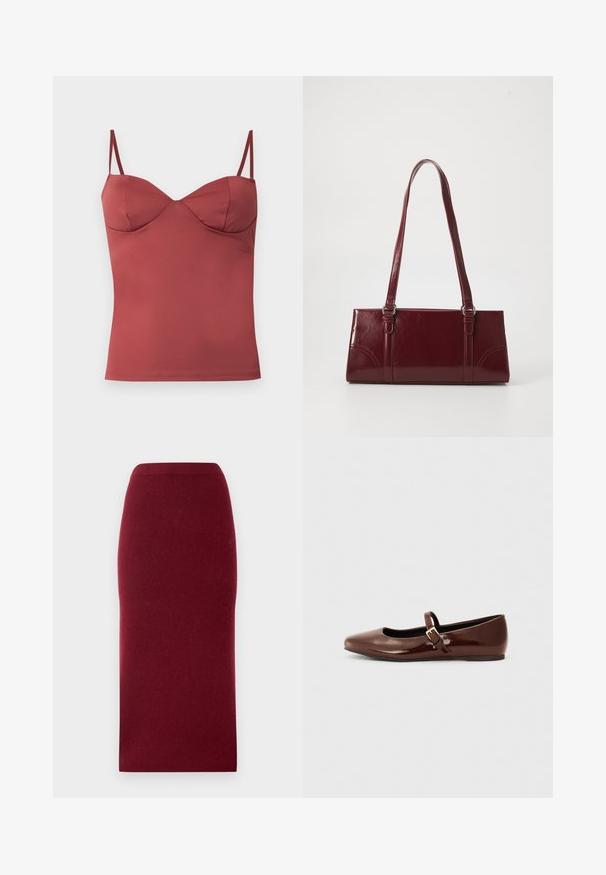 Mouwloze roestrode camisetetop met gevormde cups en dunne verstelbare schouderbandjes tegen een effen achtergrond.; Bordeaux gebreide midi-rok met een aansluitende silhouette, gladde textuur en een tailleband. Geen zichtbare naden of patronen. Effen kleur door het hele stuk.; Bruine gepatineerde leren balletschoen met een vierkante neus en een bandje met een kleine gouden gesp. Gladde textuur, lage hak en minimalistisch ontwerp.; Bourgondische handtas van glanzend materiaal, rechthoekige vorm, met twee schouderbanden en subtiele gebogen accenten aan de voorkant.