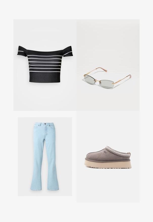 Haut court noir à épaules dénudées avec des rayures blanches horizontales, texture côtelée et coupe ajustée. Sans attaches ni embellissements.; Jean en denim bleu clair avec une taille haute et des jambes évasées, comprenant des poches avant, des passants de ceinture et une fermeture par bouton.; Chaussure en daim gris à enfiler avec une semelle beige épaisse, des coutures décoratives autour de l'ouverture et le logo "UGG" sur le côté.; Lunettes de soleil avec des verres teintés gris, monture en métal doré fine, forme allongée et embouts de branches accentués de rose. Design minimaliste avec un logo discret.