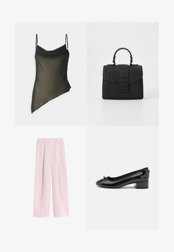 Zwarte asymmetrische cami-top met dunne bandjes, gedrapeerd materiaal en een zachte textuur. Beschikt over een vloeiende silhouet met een scherpe zoom aan één kant.; Lichtroze broek met wijde pijpen en een rechte snit, voorzien van steekzakken aan de voorkant en een nette tailleband zonder zichtbare sluitingen of versieringen.; Zwarte gepatineerde leren balletschoen met een ronde neus, een kleine blokhak en een decoratieve strik aan de voorkant. Gladde oppervlakte en gevoerde binnenkant.; Zwarte leren handtas met een gequiltte textuur, rechthoekige vorm, bovenhandvat en een voorflap met een zilverkleurige sluiting.