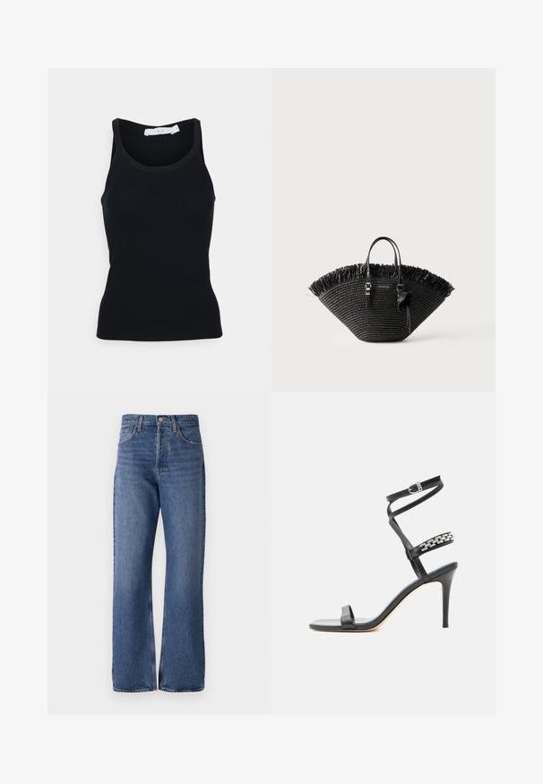 Iro PALISSO - Top - black; Blauwe denim jeans met een hoge taille, wijde pijpen, klassiek vijf-pocket ontwerp en subtiele vervagingen in de stof.; Zwarte sandaal met hoge hak, smalle enkelband, middenvoetband versierd met zilveren schakels en een open teenontwerp.; Zwarte geweven tote tas met brede waaiervorm, een franjerand aan de bovenkant, twee handgrepen en een decoratieve strik aan één handgreep.