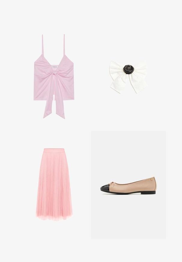 Rosa ärmelloses Oberteil mit einem Frontknotendetail, dünnen Trägern und einer weichen, glatten Textur. Lässiges Design mit lockerer Passform.; zero MIT PLIESSENDEM BECHER - Faltenrock - bridal rose; Balletschuhe mit einem beigefarbenen Satin-Obermaterial, einer schwarzen Lackleder-Zehenkappe, einer kleinen Schleifenverzierung an der Vorderseite und einem niedrigen schwarzen Absatz.; Weiße Stoffschleife mit schwarzem Rosettenzentrum, verziert mit kleinen silbernen Perlen auf einfachem weißem Hintergrund.