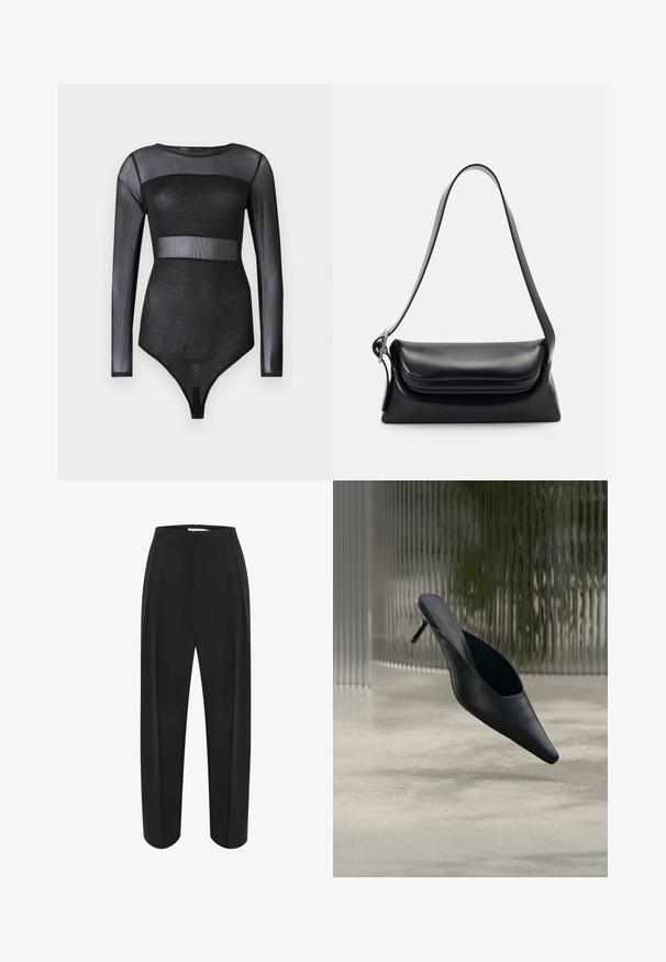 Must mustast läbipaistev bodysuit pikkade varrukatega, millel on opakne sädelev paneel rinnus ja vöös, liikuv stiil, ümmargune kaelus.; Mustad kõrge vöökohaga mustad laiad püksid, millel on sile tekstuur ja kaks eesmist voltimist. Kujundatud puhta ja vormitud silueti järgi.; Mustad terava ninaga mule-tüüpi kinga õhukese kõrge kontsaga, mis hõljub sileda betoonpinna kohal, udune vertikaalsete triipudega taust.; Mustriga musta nahast käekott, millel on struktuurne kuju, sile tekstuur ja üks õlarihm. Omab peent, ümarat klappi.